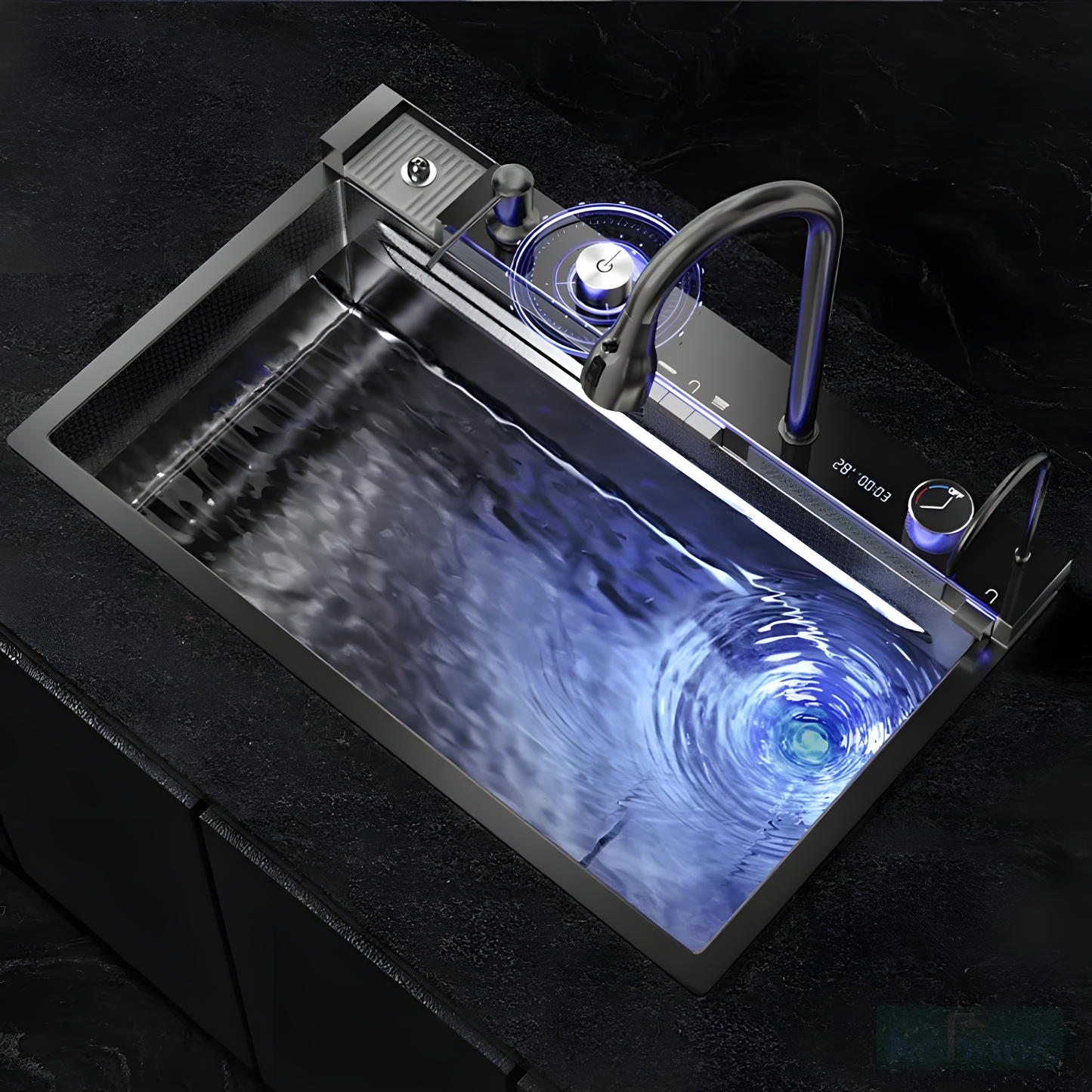 Multifunktionale Küchenspüle – Anthrazitgrau 75 × 45 × 22 cm | Mit digitaler Armatur & Wasserfall