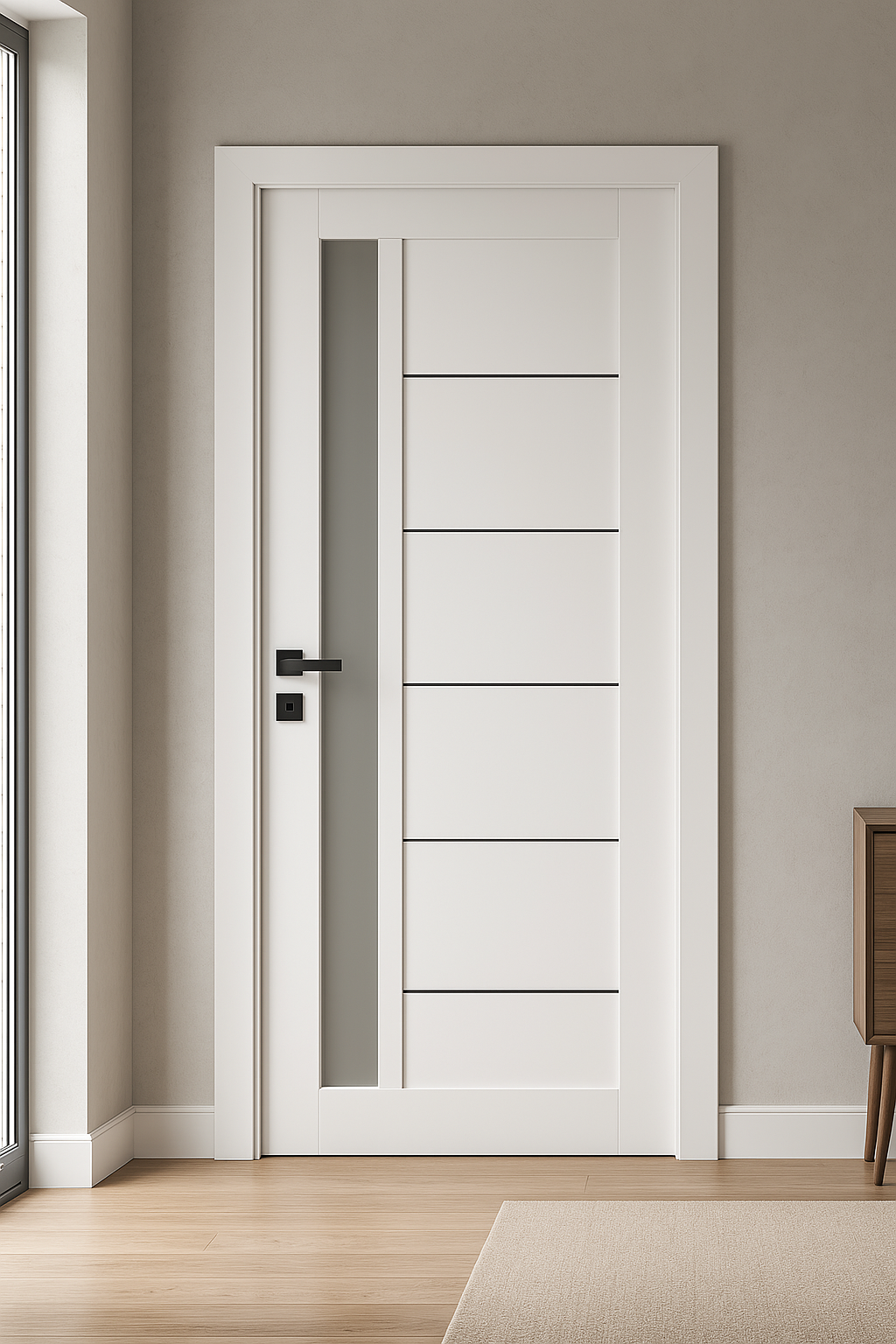 Ușă de interior albă JY-AS-016 cu toc reglabil și sticlă satinată – modernă, luminoasă, complet echipată www.olivy.ro