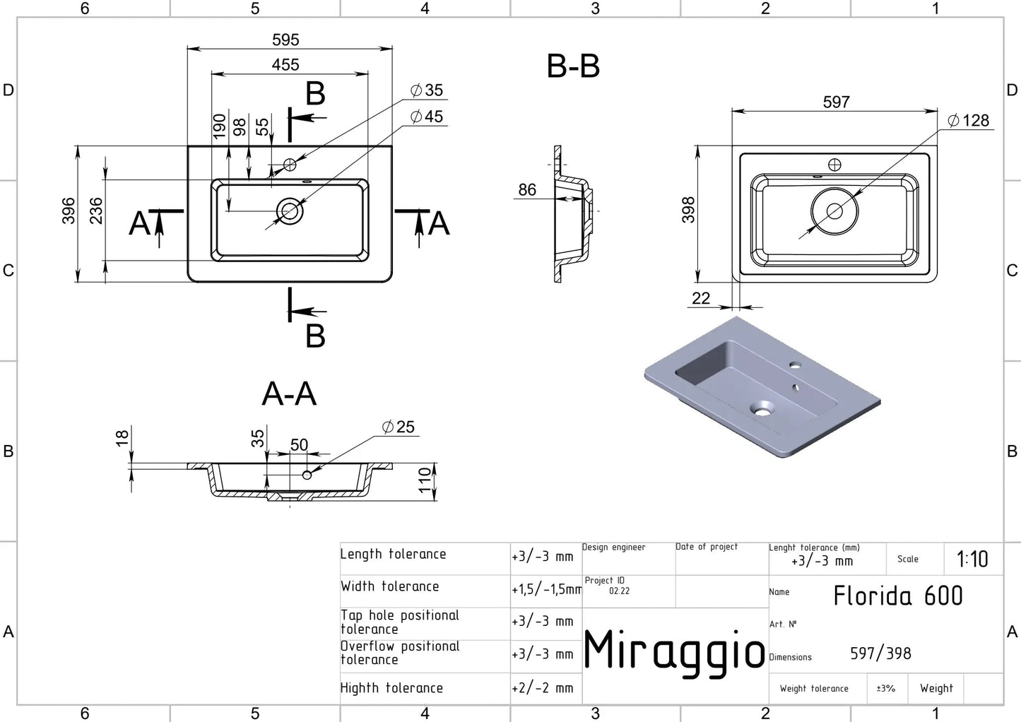Aufsatzwaschtisch Florida 600 – Miraggio