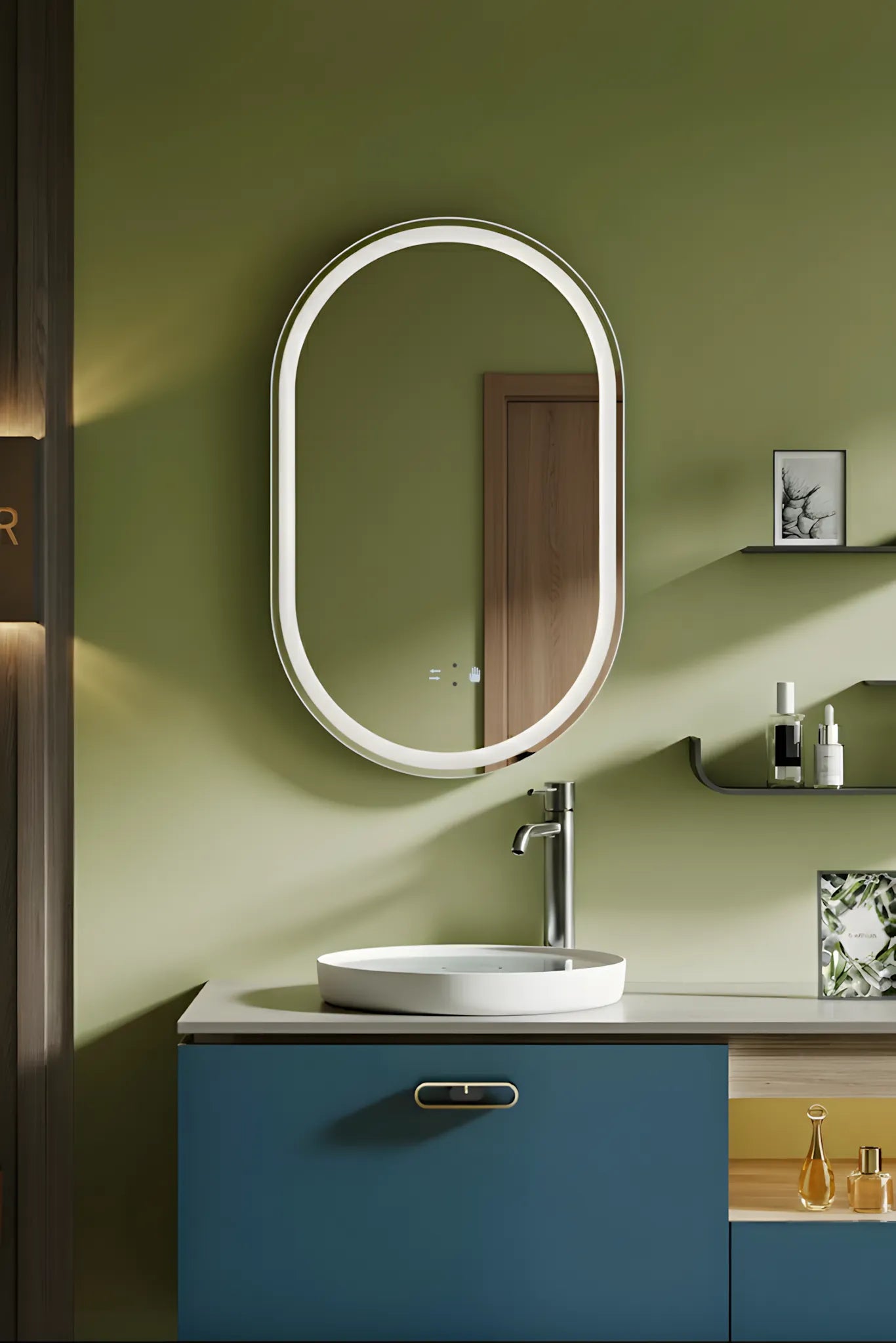 Badezimmerspiegel LED H120 oval mit 3 Lichtfarben, IR-Sensor und Anti-Beschlag