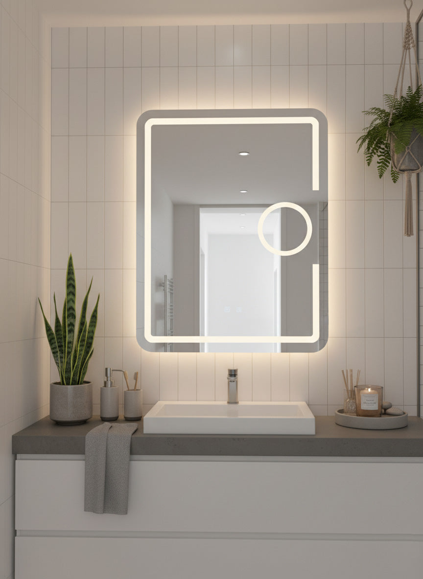 LED Badezimmerspiegel 60x80 cm mit Kosmetikspiegel – Anti-Beschlag, Touch & 3 Lichtfarben
