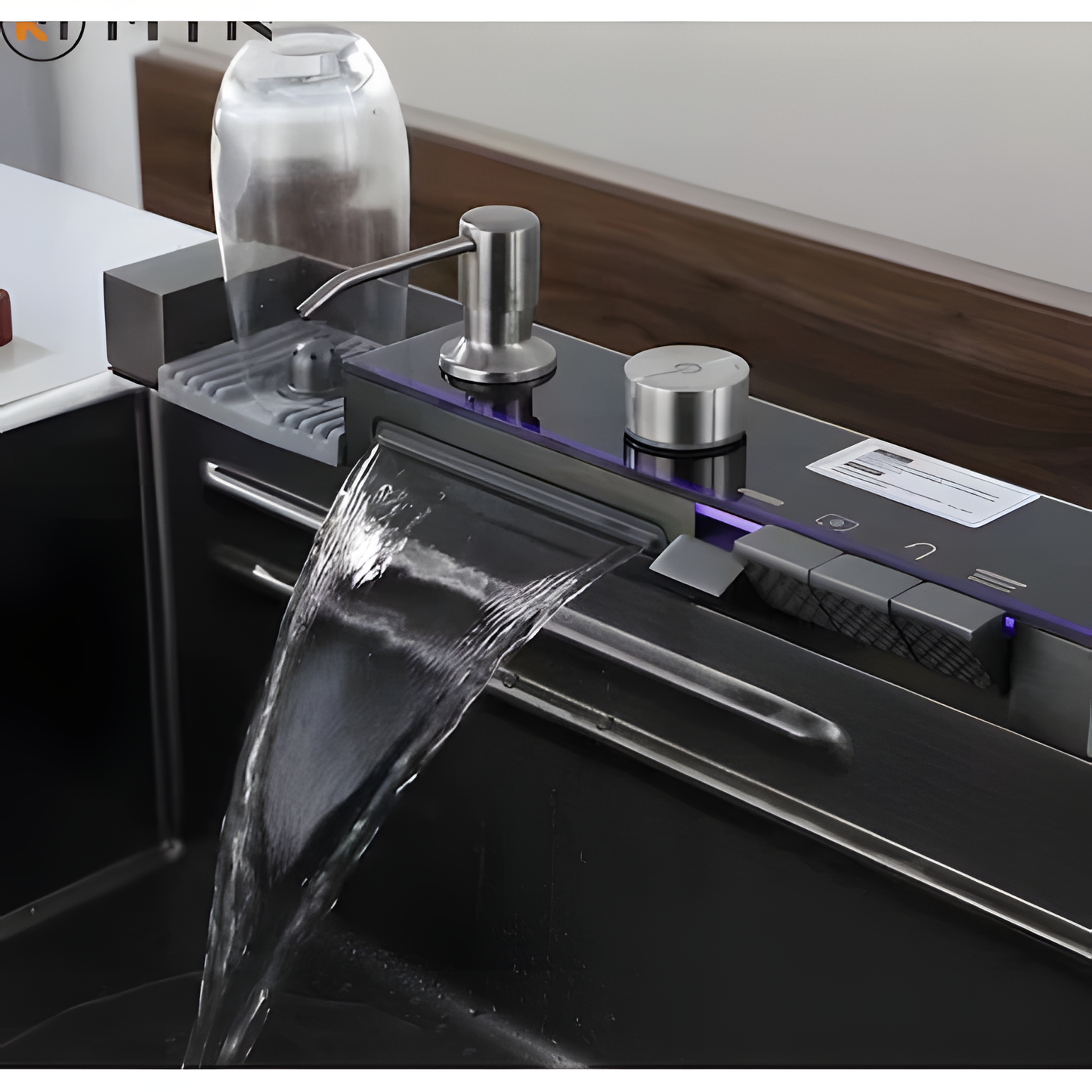 Multifunktionale Küchenspüle – Anthrazitgrau  75 × 45 × 22 cm | Mit digitaler Armatur &amp; Wasserfall