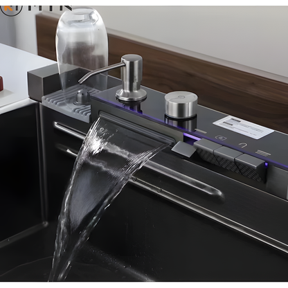 Multifunktionale Küchenspüle – Anthrazitgrau  75 × 45 × 22 cm | Mit digitaler Armatur &amp; Wasserfall