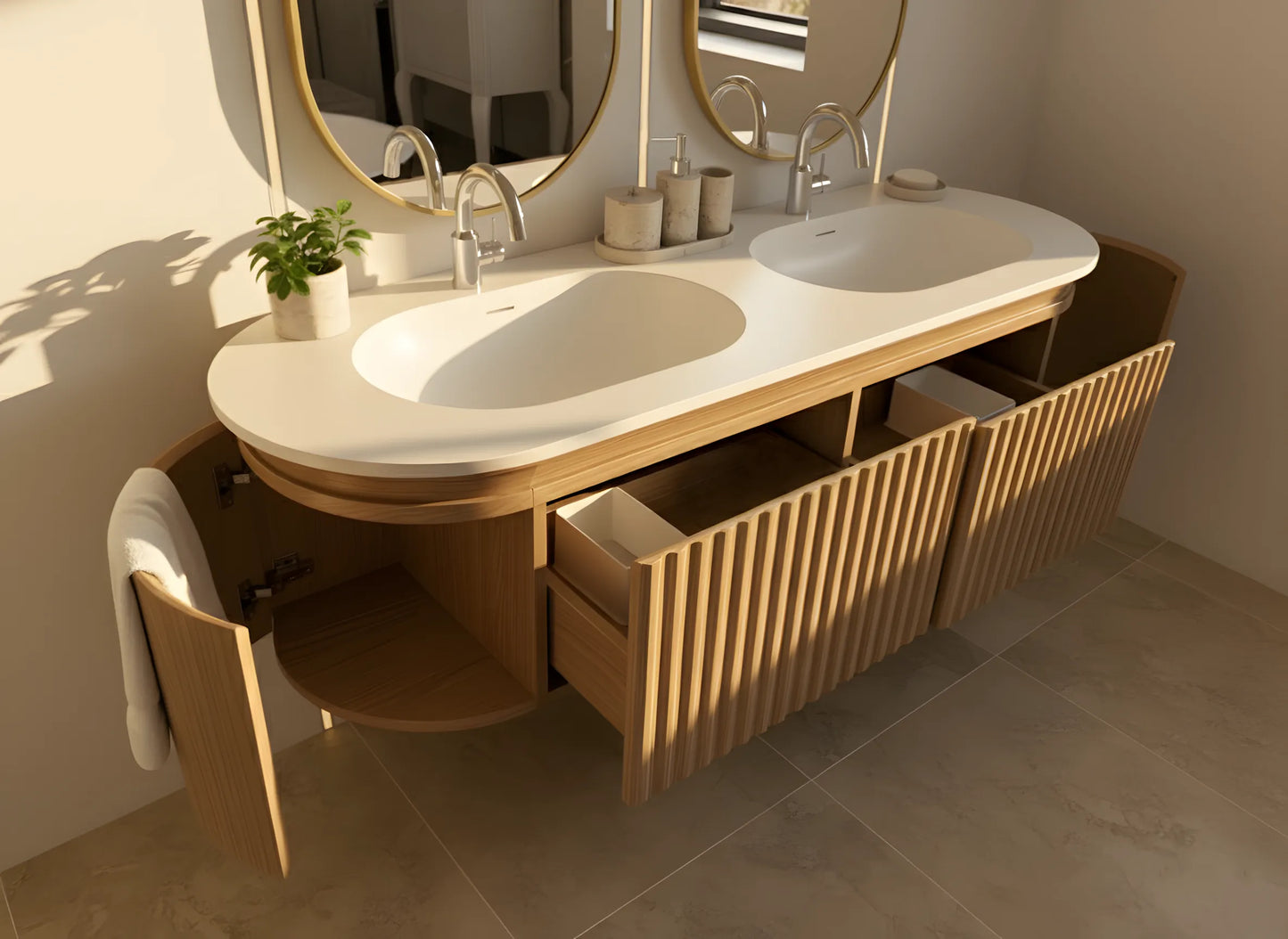 Doppeltes Badmöbel-Set aus Holz mit zwei Waschbecken & LED-Spiegeln
