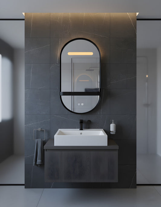 LED-Badezimmerspiegel H-3086 mit schwarzem Aluminiumrahmen und Regal – Anti-Beschlag & 3 Lichtfarben