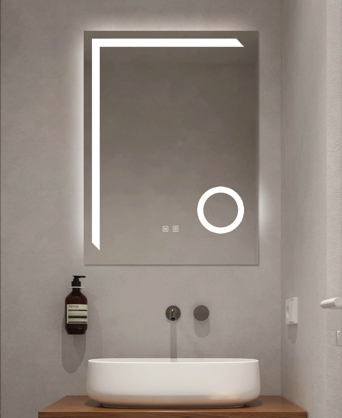 LED-Badspiegel H-1041B mit Kosmetiklupe, 3 Lichtfarben, Antibeschlag und Touch-Control