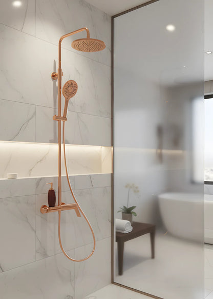 Premium-Aufputz-Duschset aus massivem Messing – Rose Gold mit integriertem Wannen-Auslauf