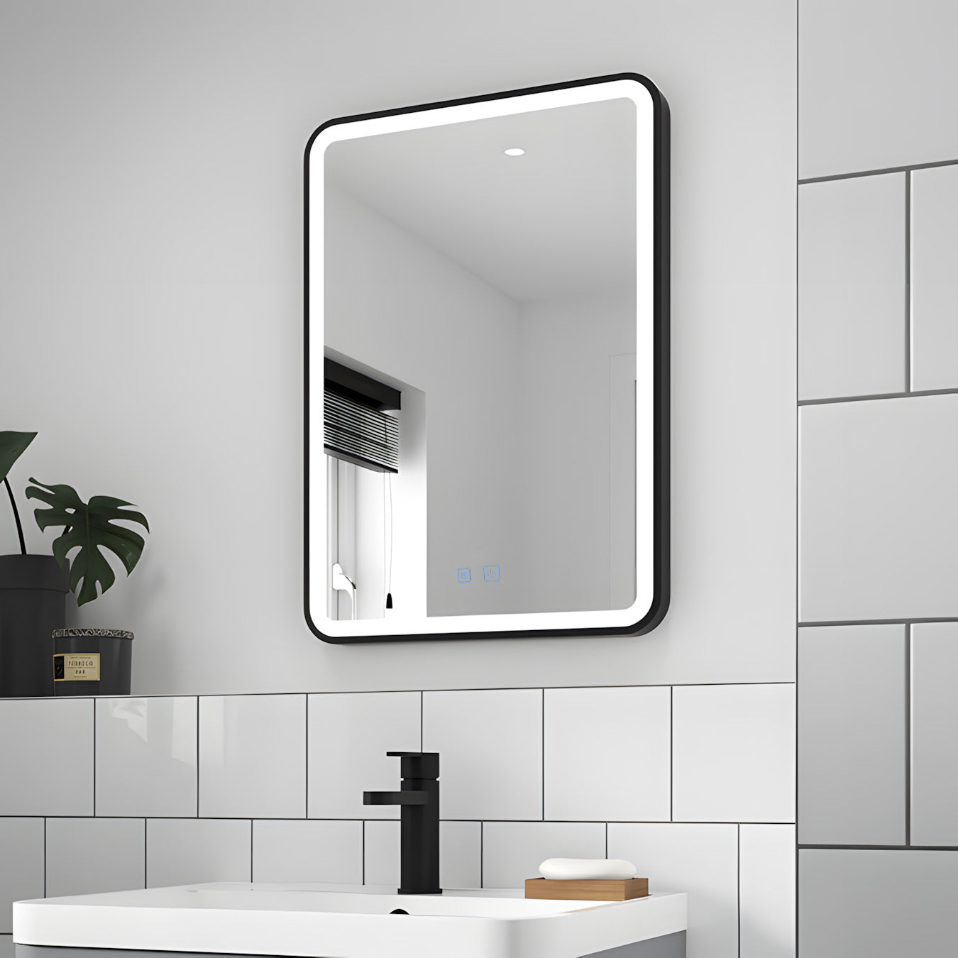LED Badezimmerspiegel H-1110 mit schwarzem Aluminiumrahmen und Anti-Beschlag – 60x80 cm, Touch,