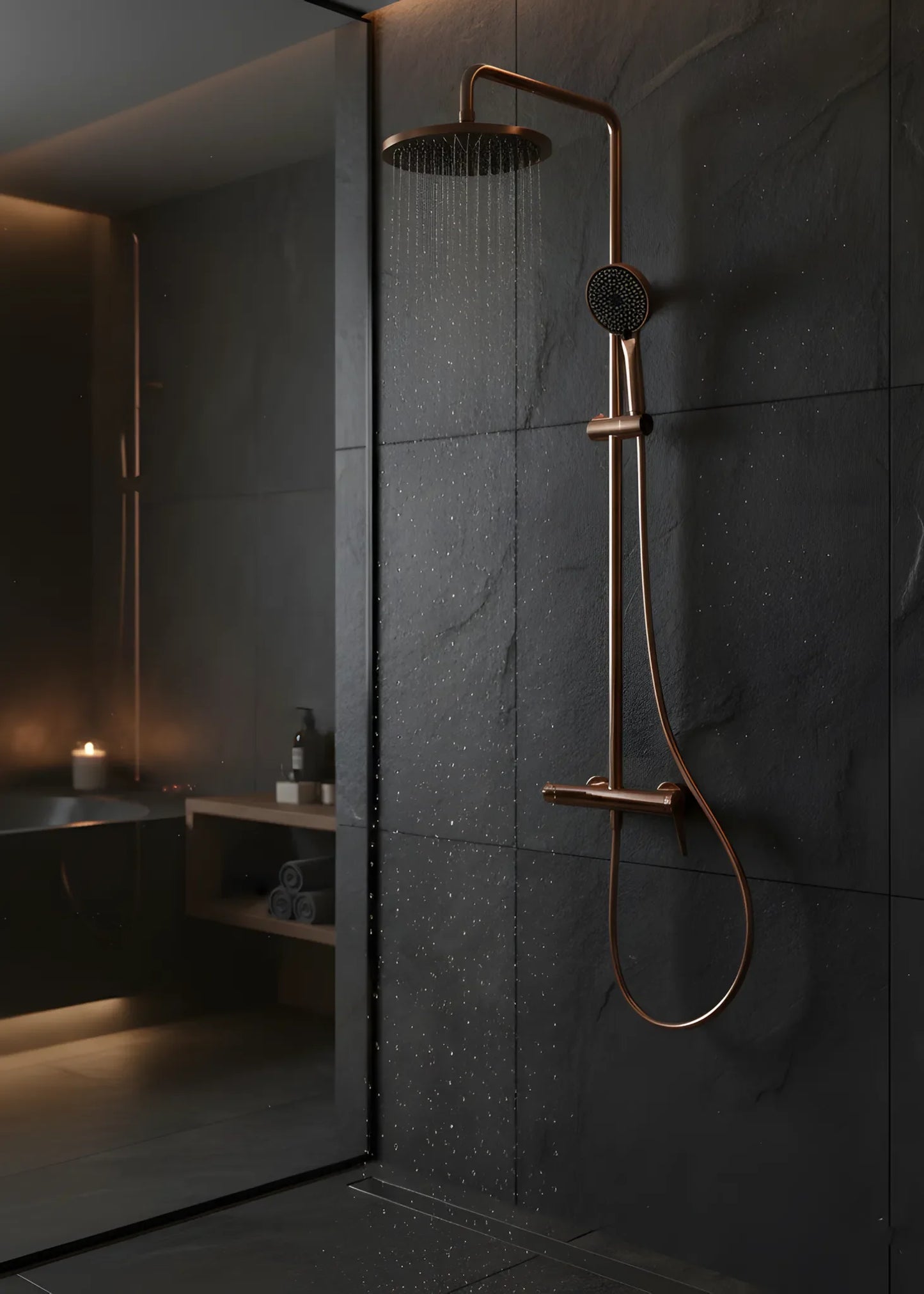 Premium-Aufputz-Duschset aus massivem Messing – Rose Gold mit integriertem Wannen-Auslauf