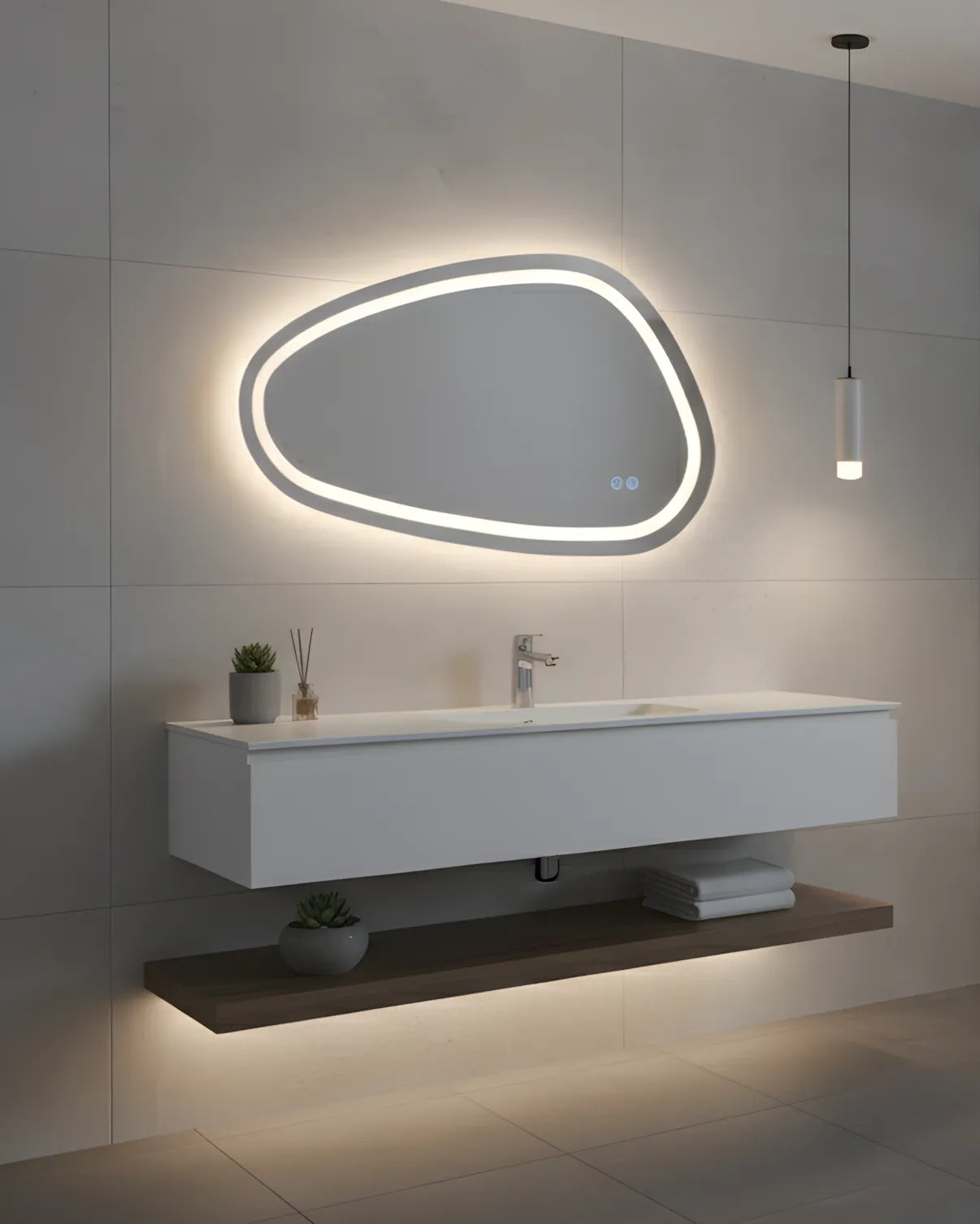 Asymmetrischer LED-Badezimmerspiegel H18 mit 3 Lichtfarben, Anti-Beschlag und Touch-Steuerung