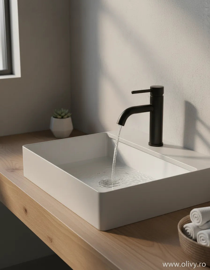 Baterie lavoar modernă – inox premium, cartuș ceramic, finisaj negru mat