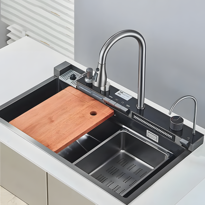 Multifunktionale Küchenspüle – Anthrazitgrau  75 × 45 × 22 cm | Mit digitaler Armatur &amp; Wasserfall