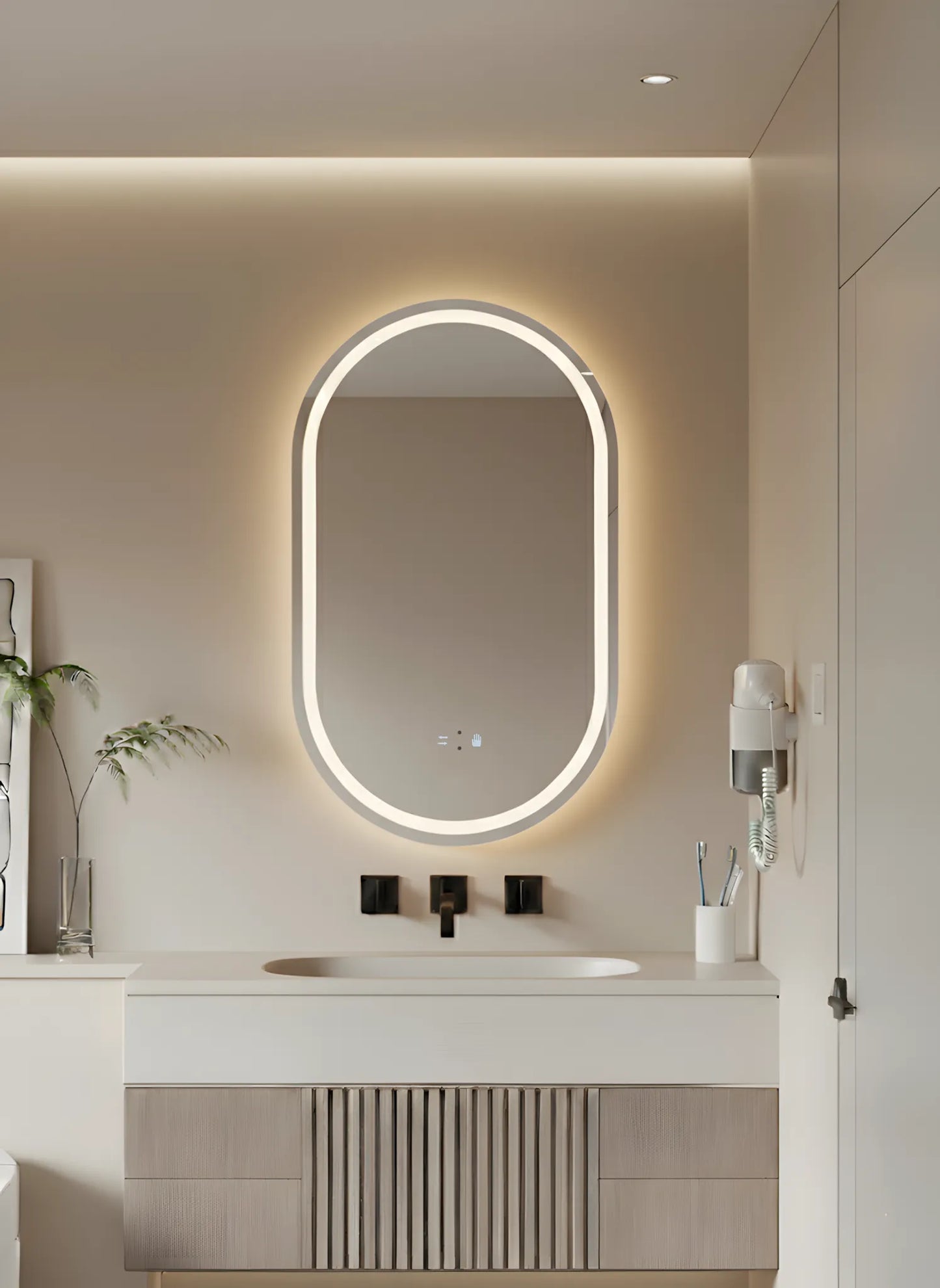 Badezimmerspiegel LED H120 oval mit 3 Lichtfarben, IR-Sensor und Anti-Beschlag