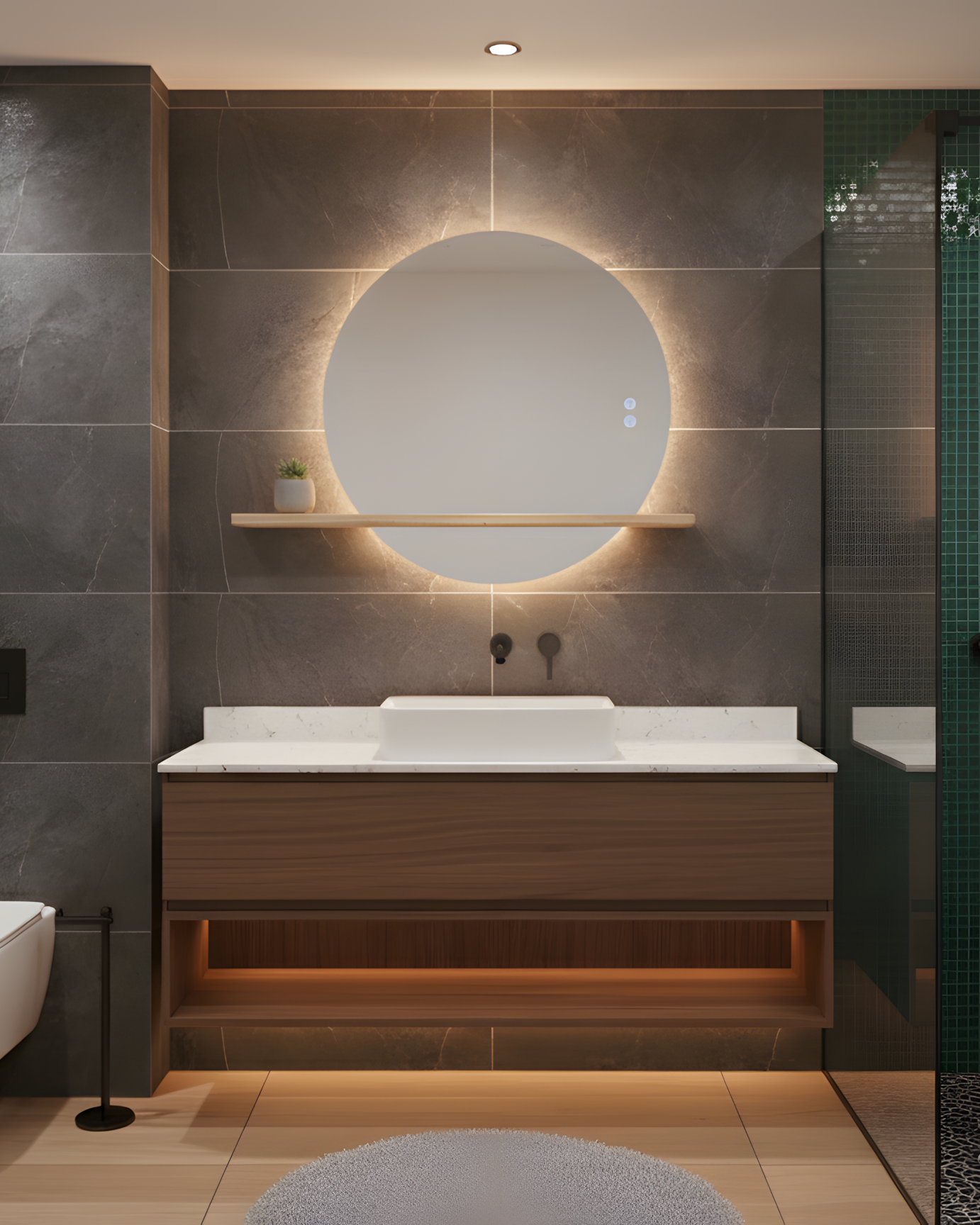 Runder LED-Badezimmerspiegel H-2004 mit Holzregal – 3 Lichtfarben, Anti-Beschlag, Touch-Contro