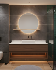 Runder LED-Badezimmerspiegel H-2004 mit Holzregal – 3 Lichtfarben, Anti-Beschlag, Touch-Contro