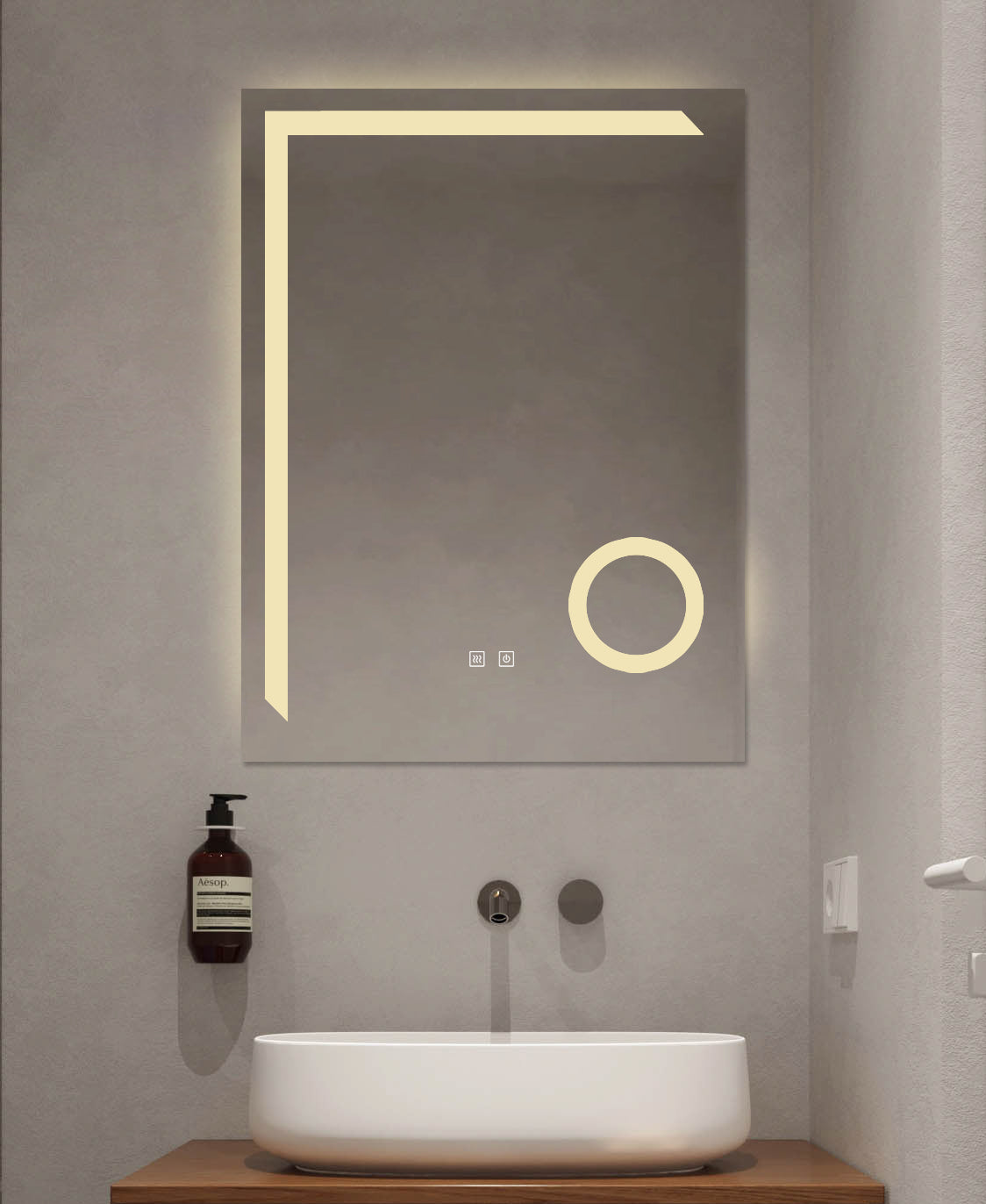 LED-Badspiegel H-1041B mit Kosmetiklupe, 3 Lichtfarben, Antibeschlag und Touch-Control