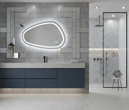 Asymmetrischer LED-Badezimmerspiegel H18 mit 3 Lichtfarben, Anti-Beschlag und Touch-Steuerung