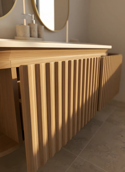 Doppeltes Badmöbel-Set aus Holz mit zwei Waschbecken & LED-Spiegeln