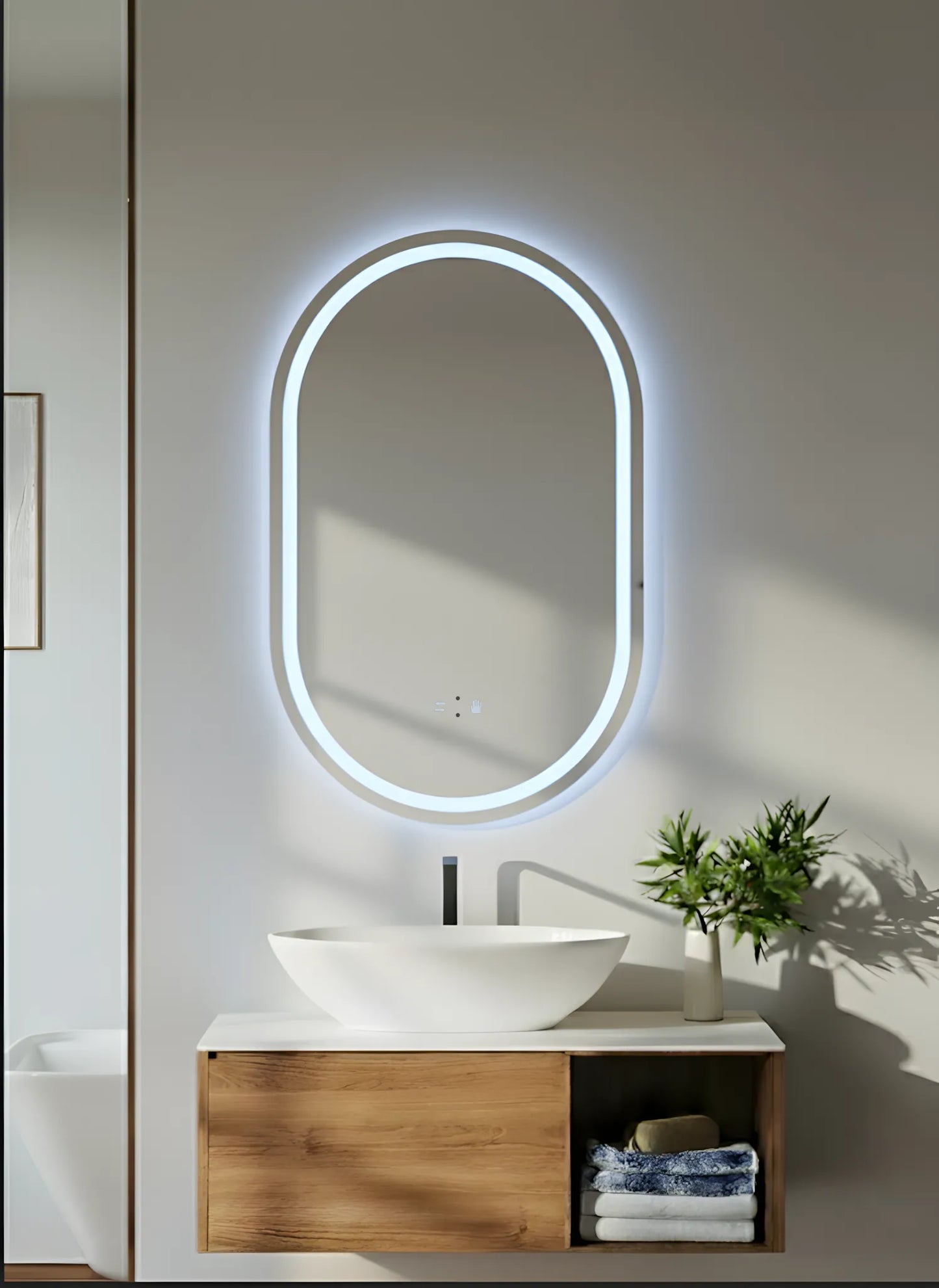 Badezimmerspiegel LED H120 oval mit 3 Lichtfarben, IR-Sensor und Anti-Beschlag