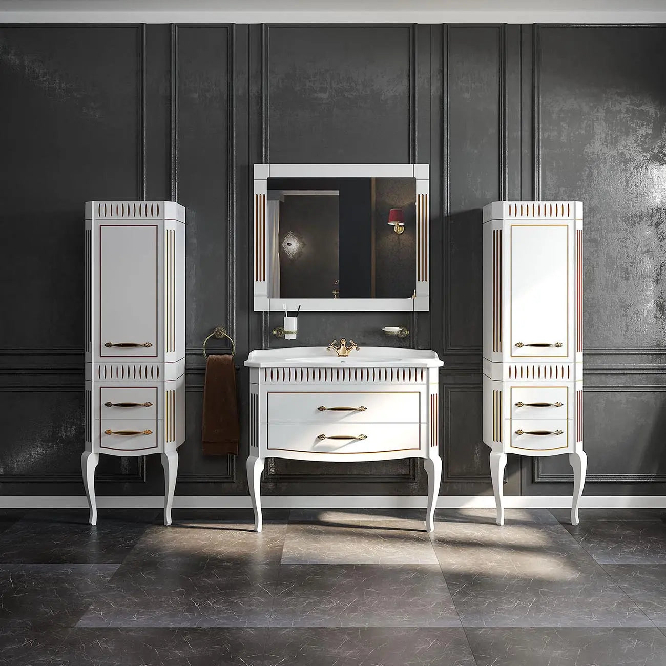 Mobilier de baie pe pardoseală Royal, Alb+auriu Aqua Rodos