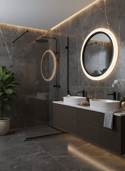 Runder LED Badezimmerspiegel Ø60 cm Schwarz – Touch, Sensor, Anti-Beschlag & 3 Lichtfarben