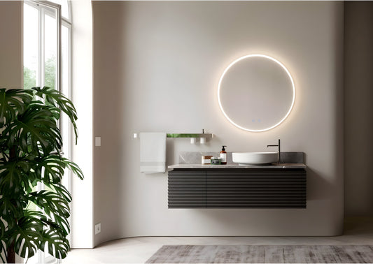 Runder LED Badezimmerspiegel H-2112 mit Acrylrahmen – Ø50 cm, 3 Lichtfarben, Anti-Beschlag, Touch
