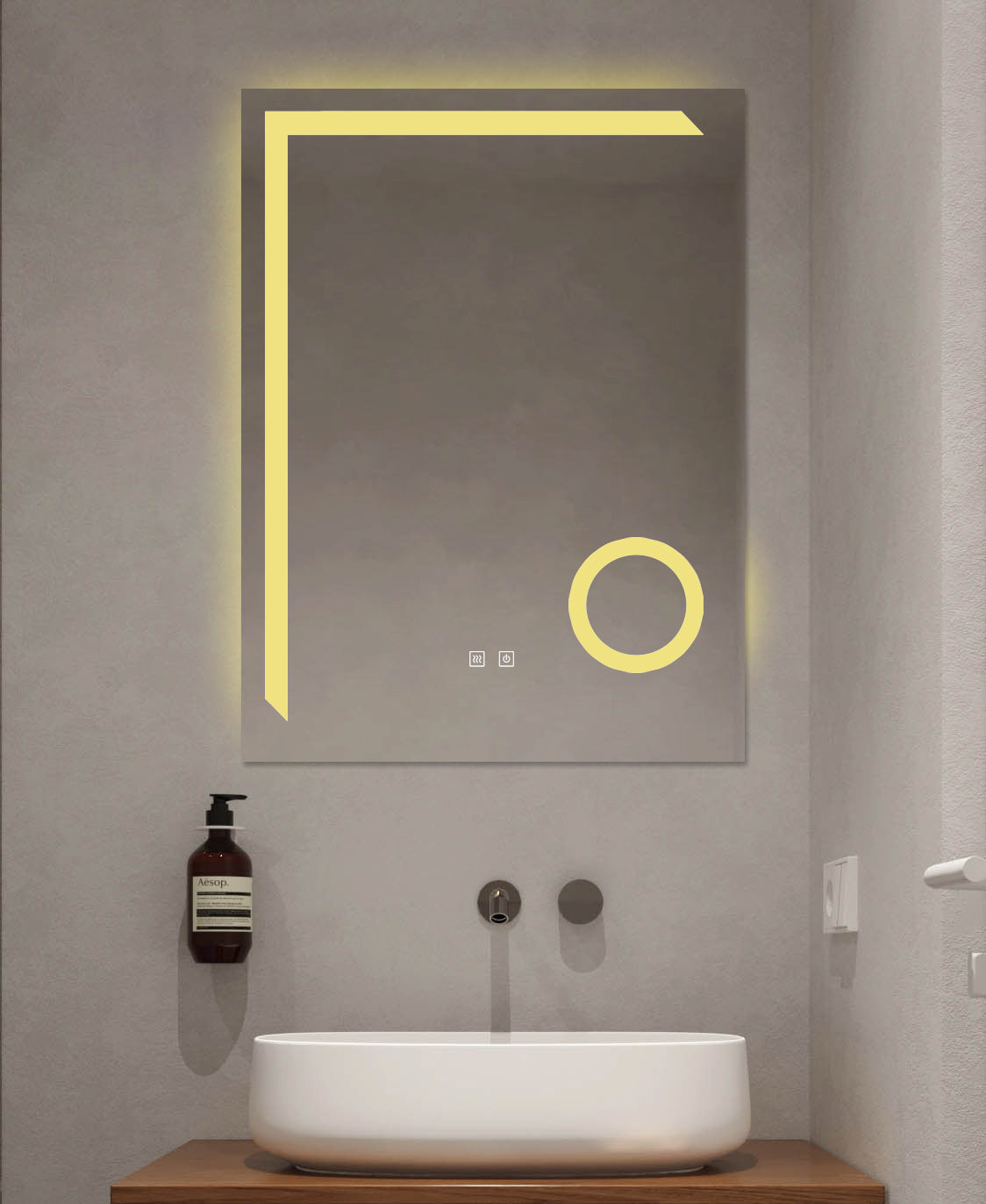LED-Badspiegel H-1041B mit Kosmetiklupe, 3 Lichtfarben, Antibeschlag und Touch-Control