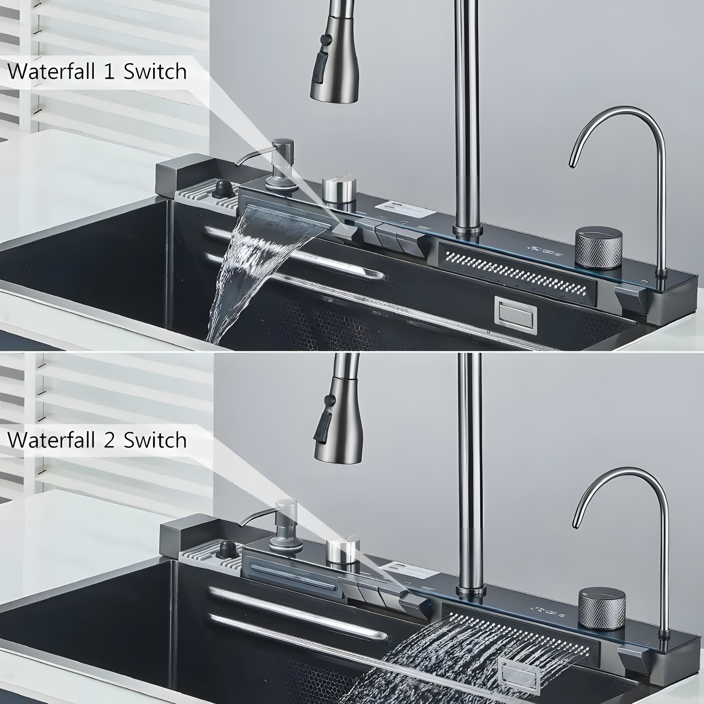 Multifunktionale Küchenspüle – Anthrazitgrau  75 × 45 × 22 cm | Mit digitaler Armatur &amp; Wasserfall