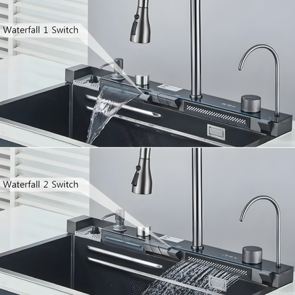 Multifunktionale Küchenspüle – Anthrazitgrau  75 × 45 × 22 cm | Mit digitaler Armatur &amp; Wasserfall