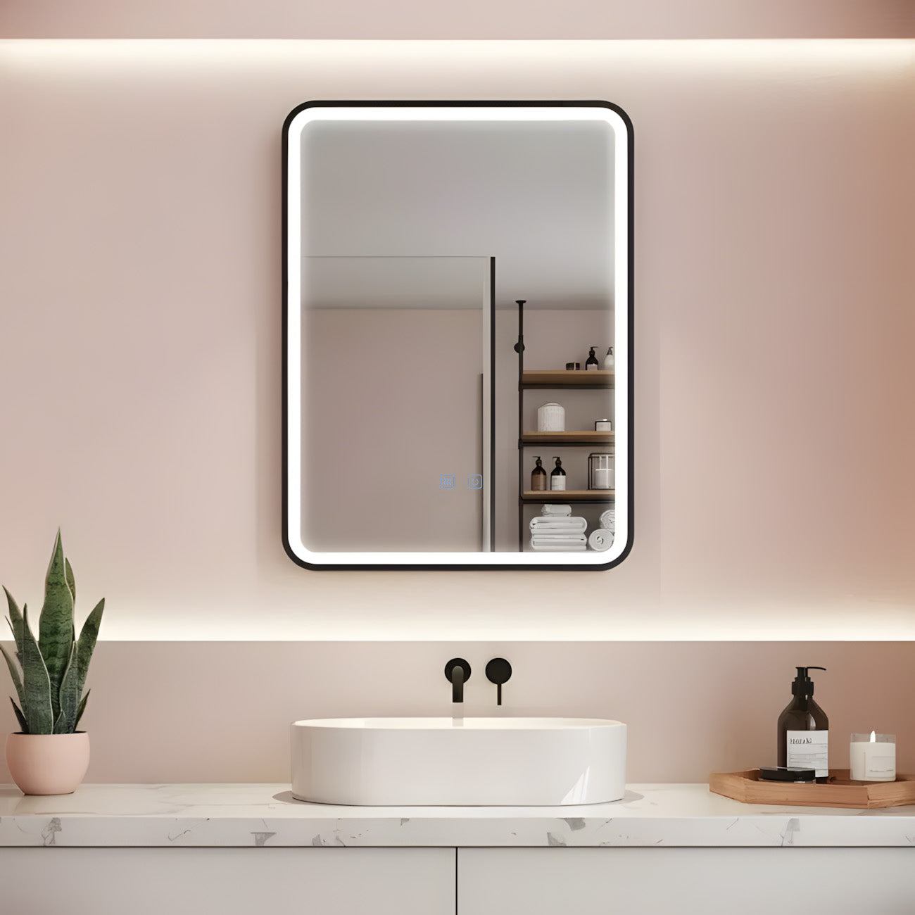 LED Badezimmerspiegel H-1110 mit schwarzem Aluminiumrahmen und Anti-Beschlag – 60x80 cm, Touch,