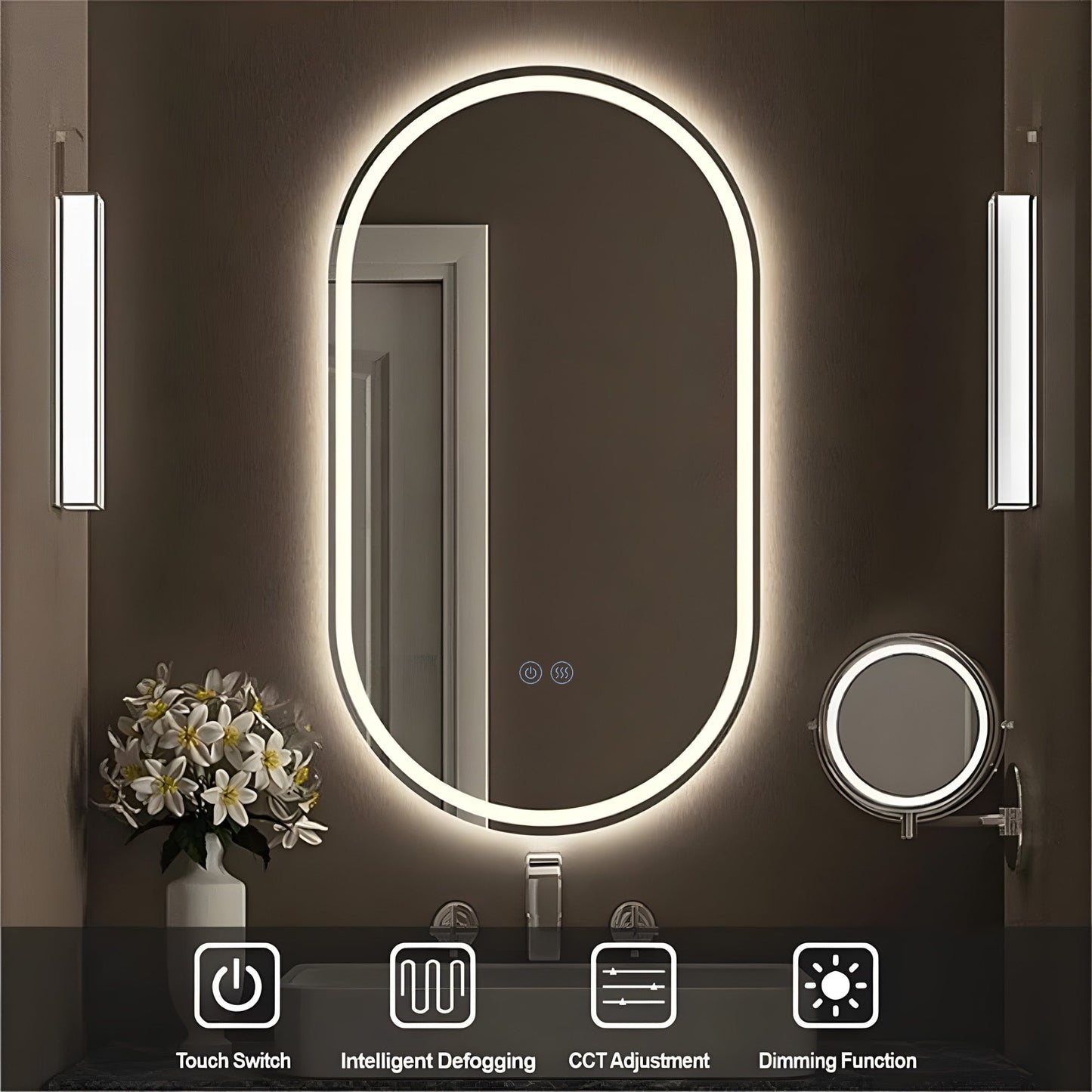 Badezimmerspiegel H-120-1 mit LED, 3 Lichtfarben, Anti-Beschlag, Touch-Steuerung