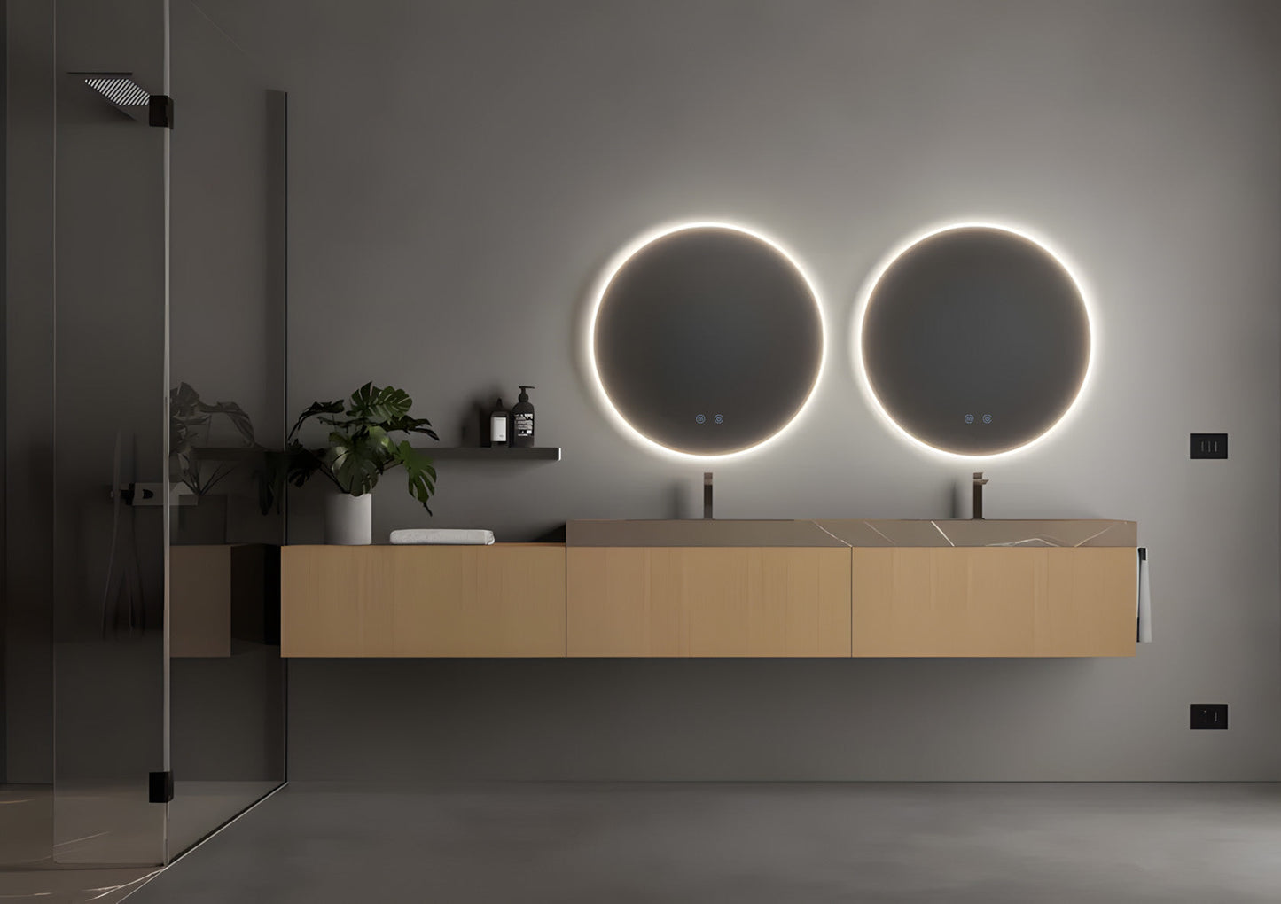 Runder LED Badezimmerspiegel H-2112 mit Acrylrahmen – Ø50 cm, 3 Lichtfarben, Anti-Beschlag, Touch