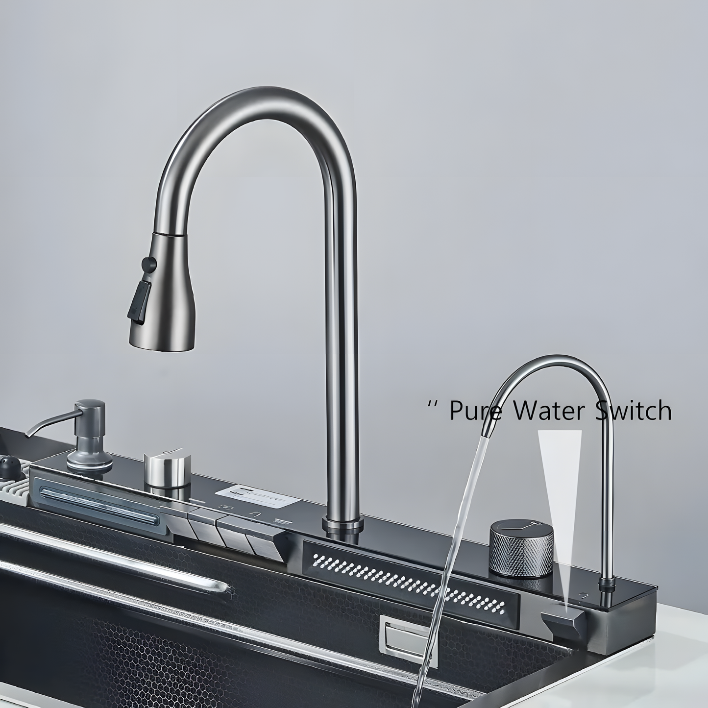 Multifunktionale Küchenspüle – Anthrazitgrau  75 × 45 × 22 cm | Mit digitaler Armatur &amp; Wasserfall