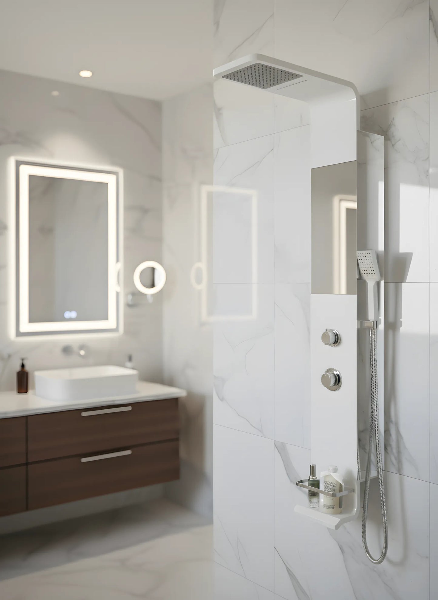 Moderner Duschpanel in glänzendem Weiß – Minimalistisches Design mit festem Duschkopf und inklusive Zubehör