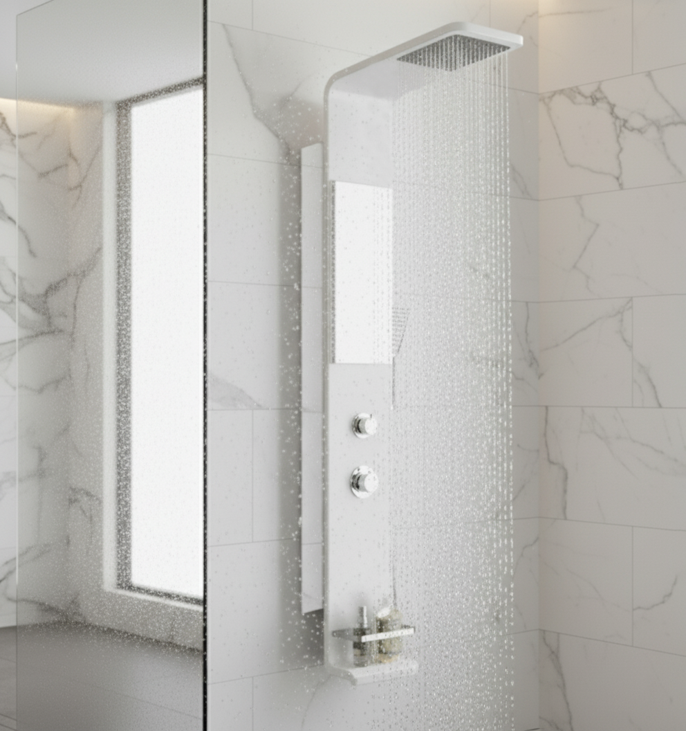 Moderner Duschpanel in glänzendem Weiß – Minimalistisches Design mit festem Duschkopf und inklusive Zubehör
