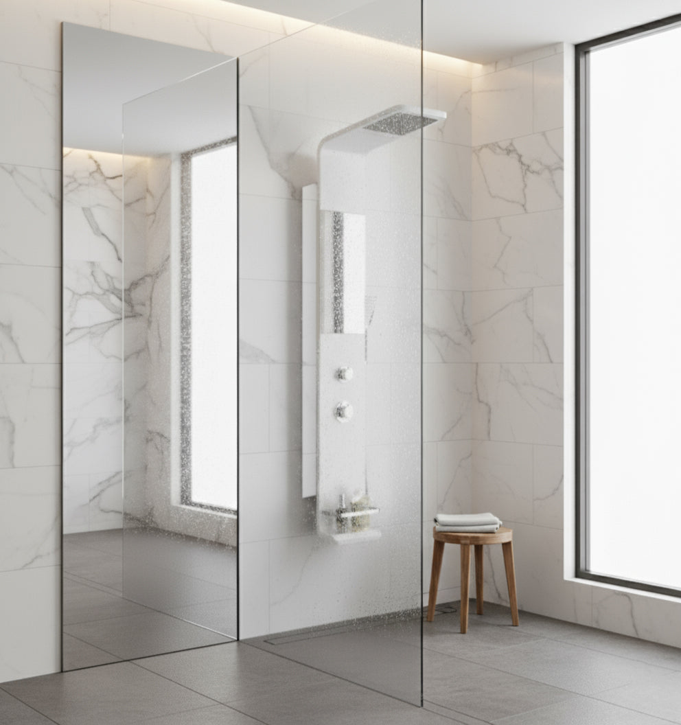 Moderner Duschpanel in glänzendem Weiß – Minimalistisches Design mit festem Duschkopf und inklusive Zubehör