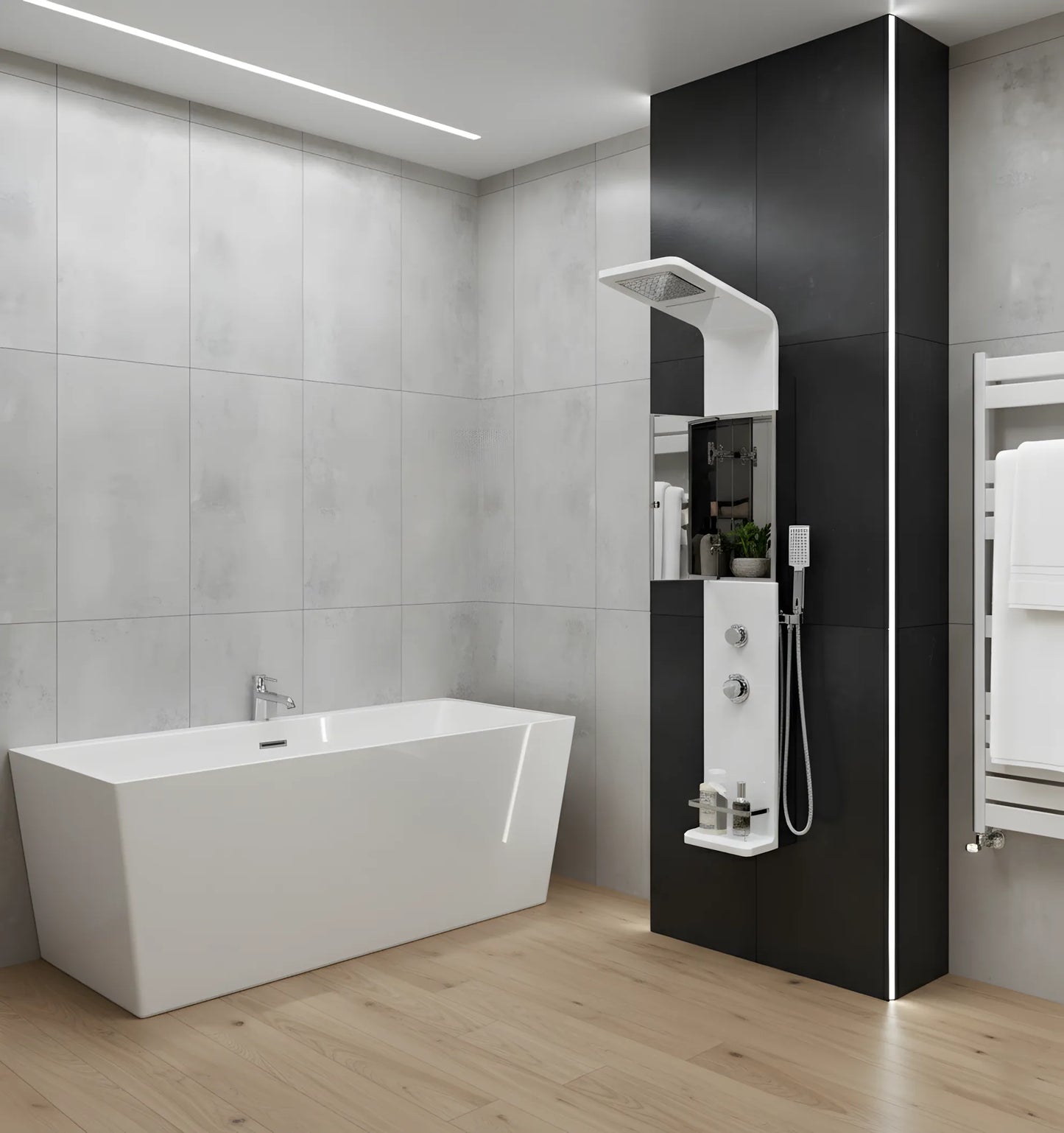 Moderner Duschpanel in glänzendem Weiß – Minimalistisches Design mit festem Duschkopf und inklusive Zubehör