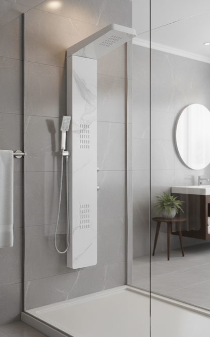 Marble White Duschpaneel – modernes Design mit Festbrause, Hydromassage und Handbrause