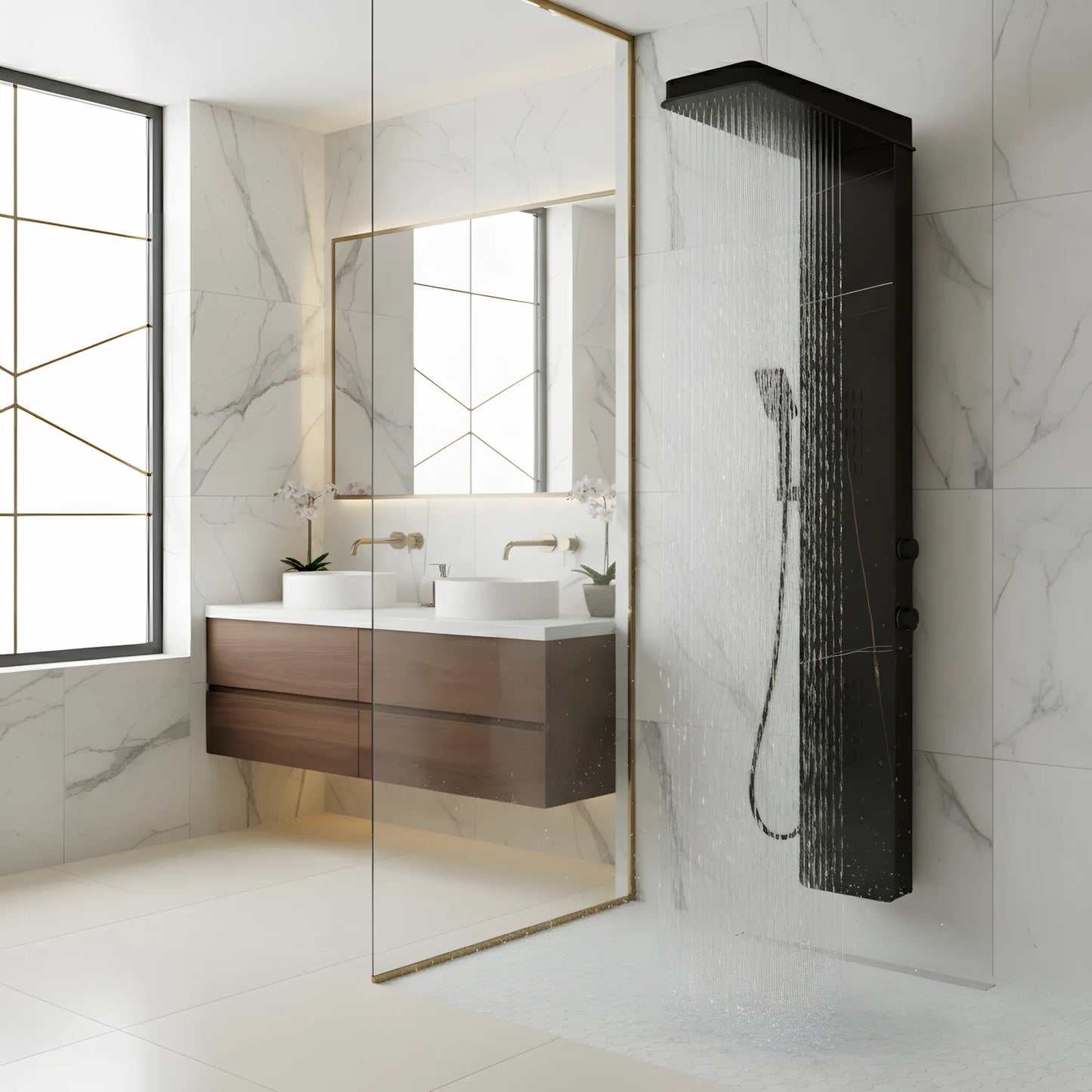 Marble Black Duschpaneel – Premium-Design mit Festbrause, Hydromassage und Handbrause