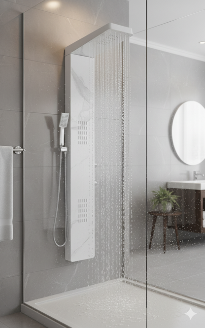 Marble White Duschpaneel – modernes Design mit Festbrause, Hydromassage und Handbrause