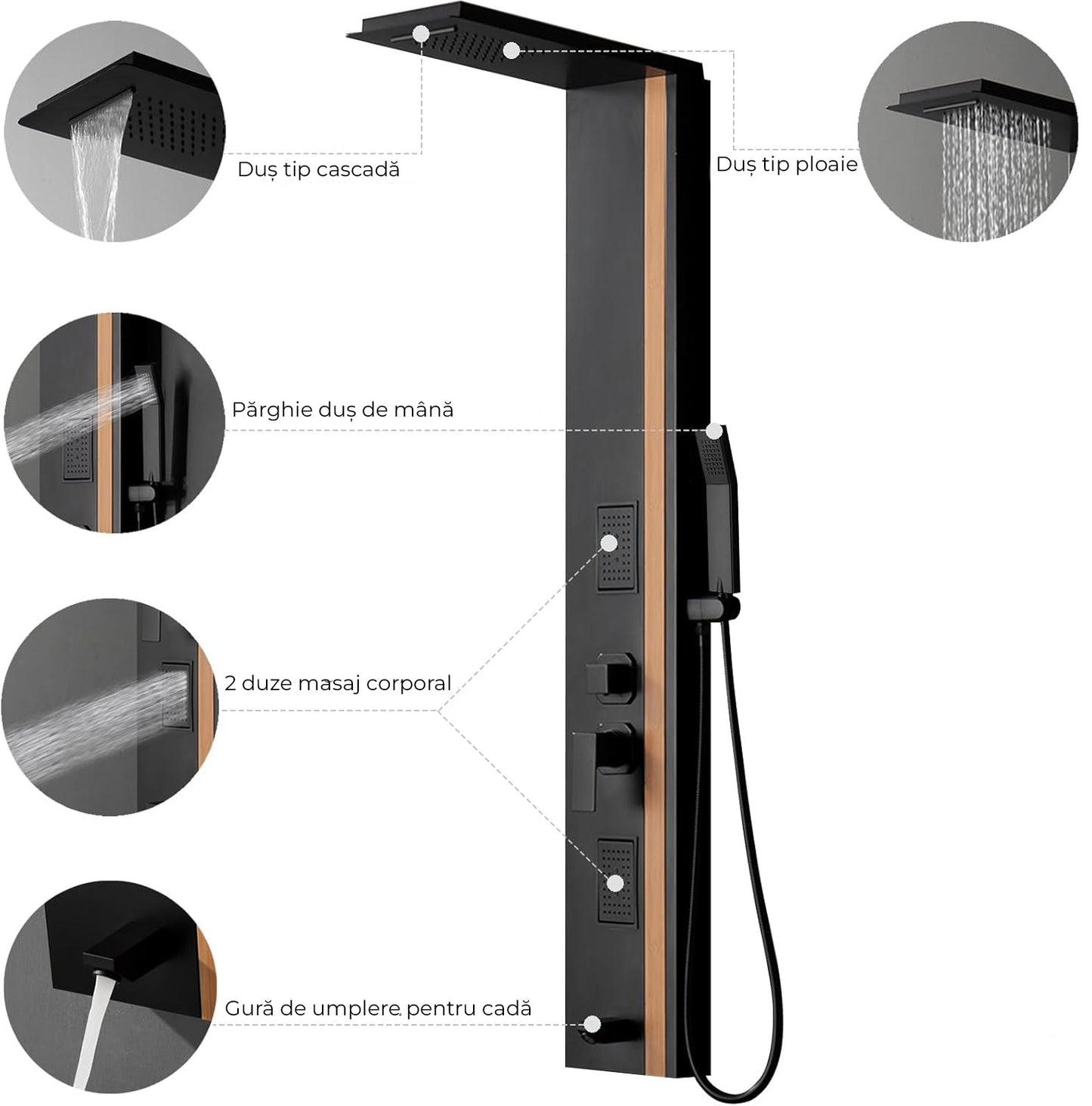 Black & Bamboo Duschpaneel – modernes Design mit Festbrause, Hydromassage und Handbraus