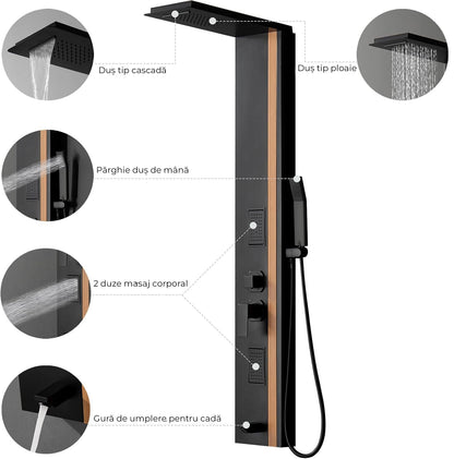 Black & Bamboo Duschpaneel – modernes Design mit Festbrause, Hydromassage und Handbraus