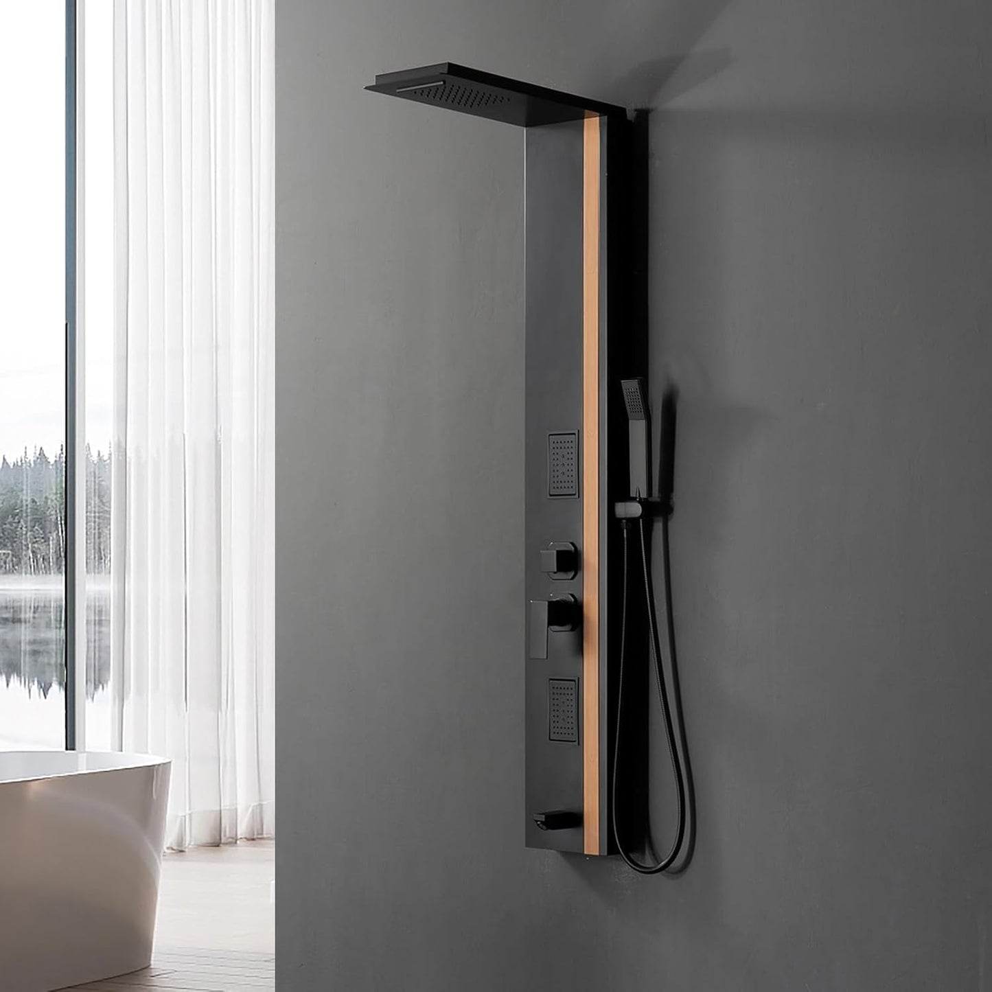 Black & Bamboo Duschpaneel – modernes Design mit Festbrause, Hydromassage und Handbraus