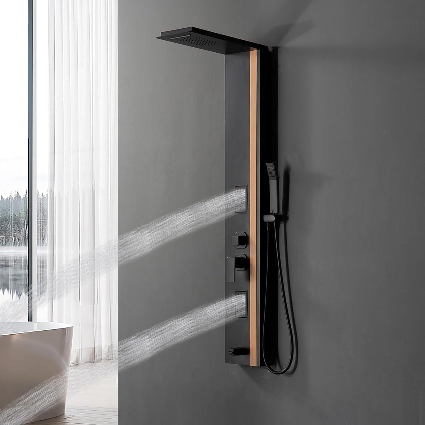 Black & Bamboo Duschpaneel – modernes Design mit Festbrause, Hydromassage und Handbraus