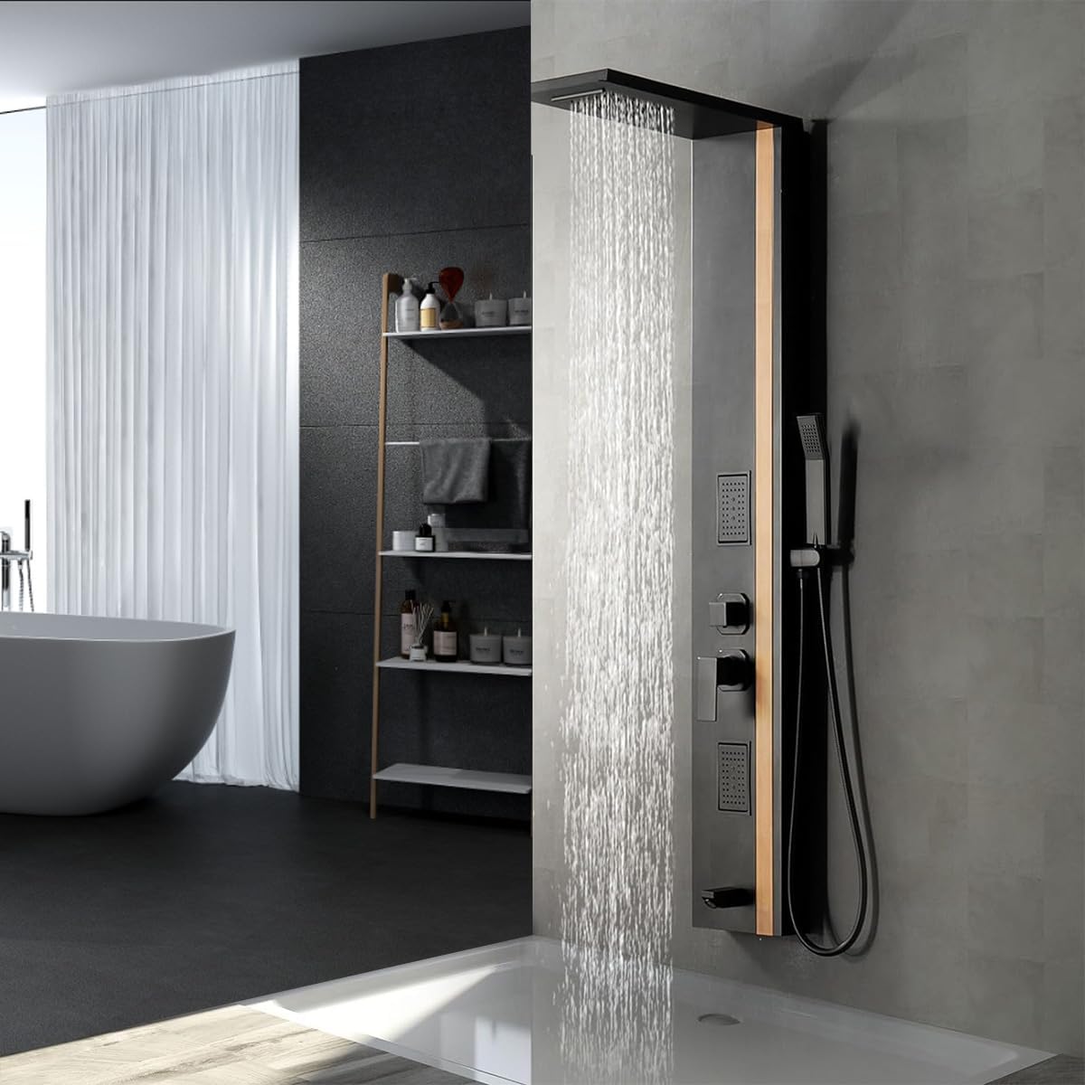 Black & Bamboo Duschpaneel – modernes Design mit Festbrause, Hydromassage und Handbraus