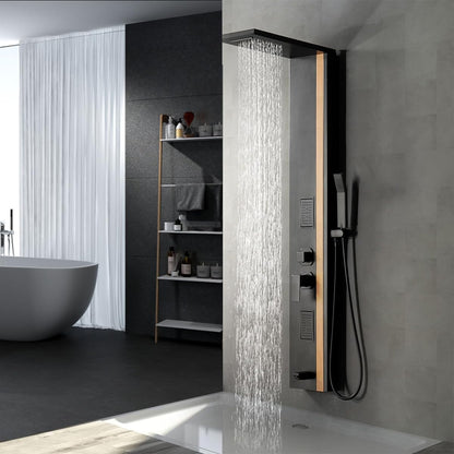 Black & Bamboo Duschpaneel – modernes Design mit Festbrause, Hydromassage und Handbraus