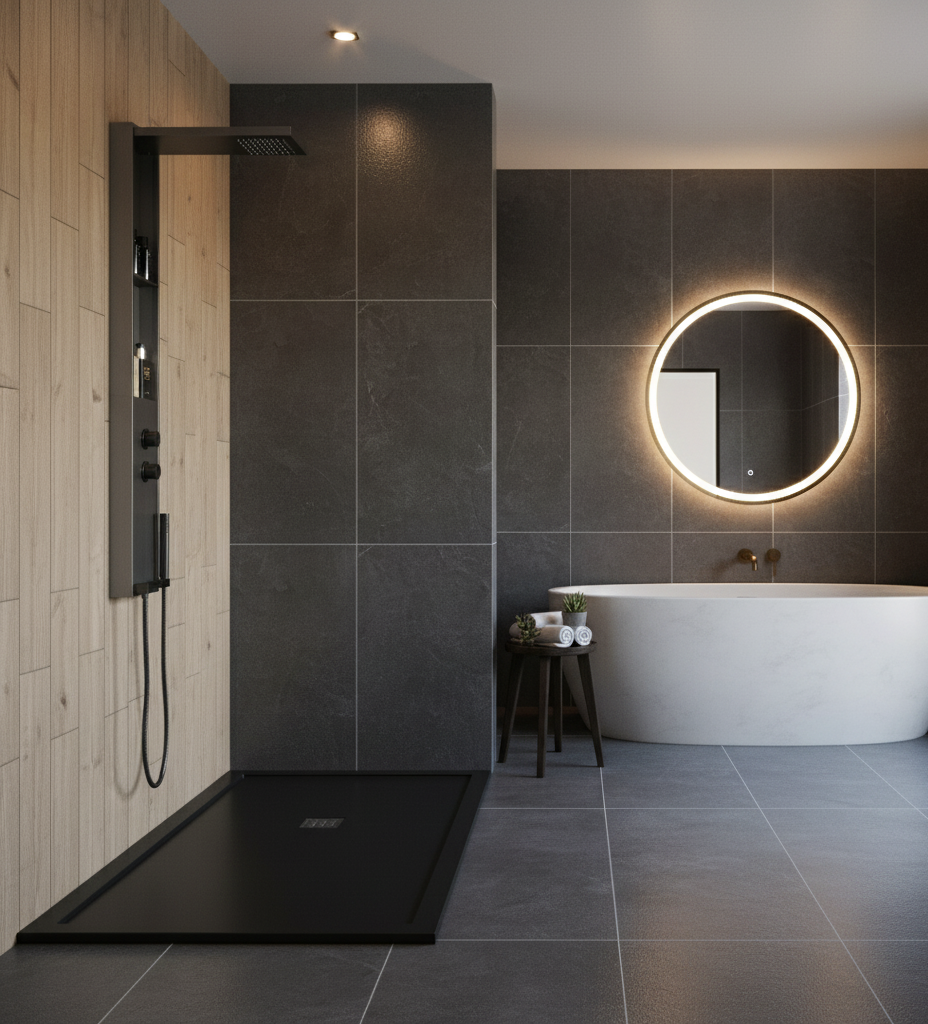 Duschpaneel Gun Metal – minimalistisches Design mit Regendusche, integrierten Ablagen und Handbrause