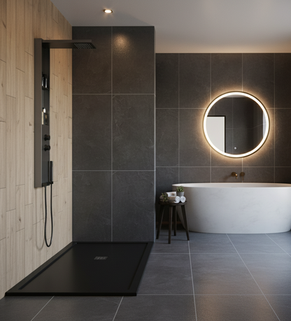Duschpaneel Gun Metal – minimalistisches Design mit Regendusche, integrierten Ablagen und Handbrause