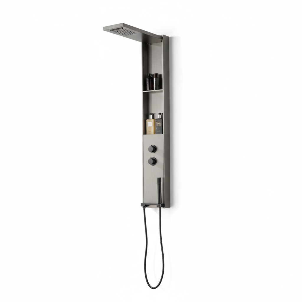 Duschpaneel Gun Metal – minimalistisches Design mit Regendusche, integrierten Ablagen und Handbrause