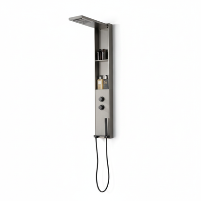 Duschpaneel Gun Metal – minimalistisches Design mit Regendusche, integrierten Ablagen und Handbrause